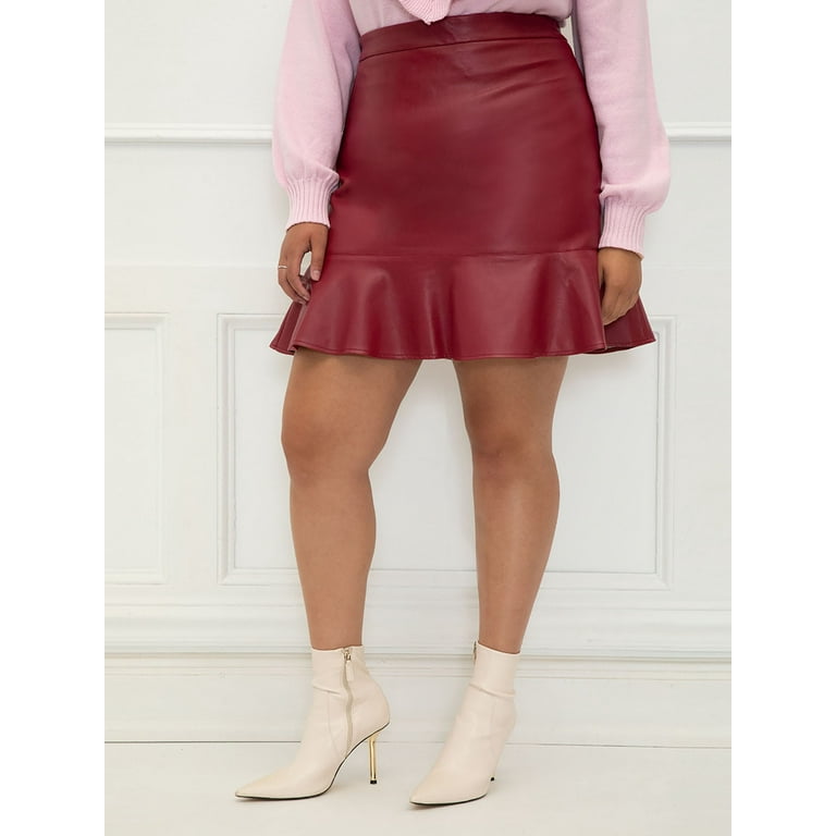 ELOQUII Elements Plus Size Faux Leather Skirt with Flounce Walmart