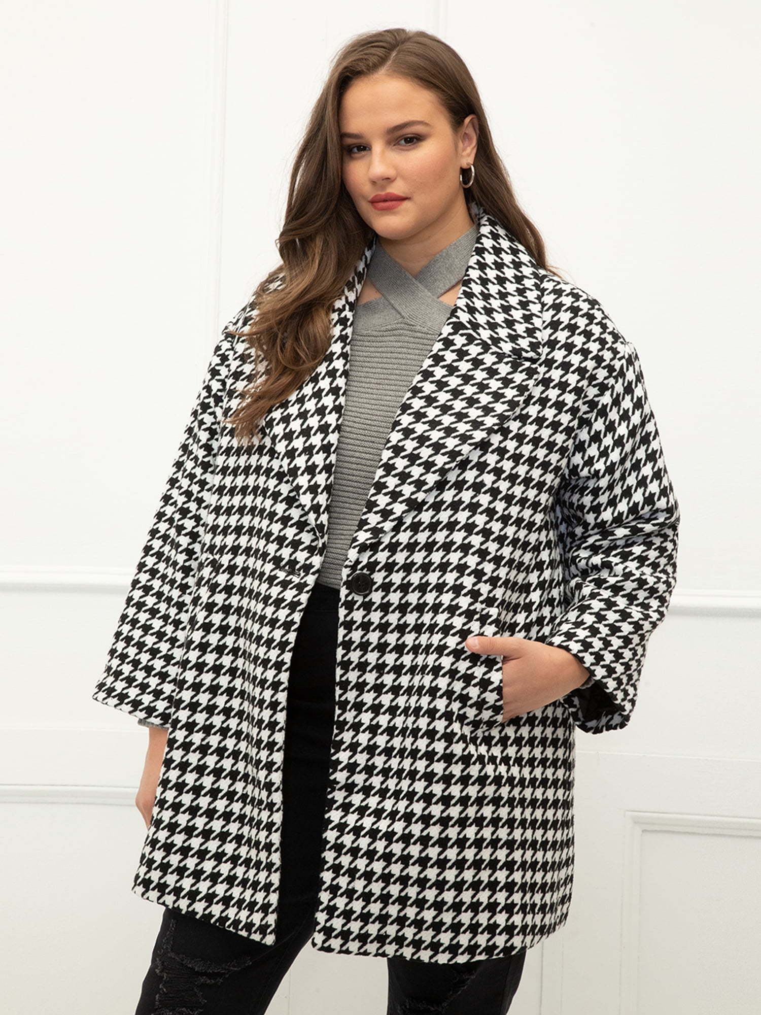 ELOQUII Elements Plus Size Houndstooth Coat - Walmart.com