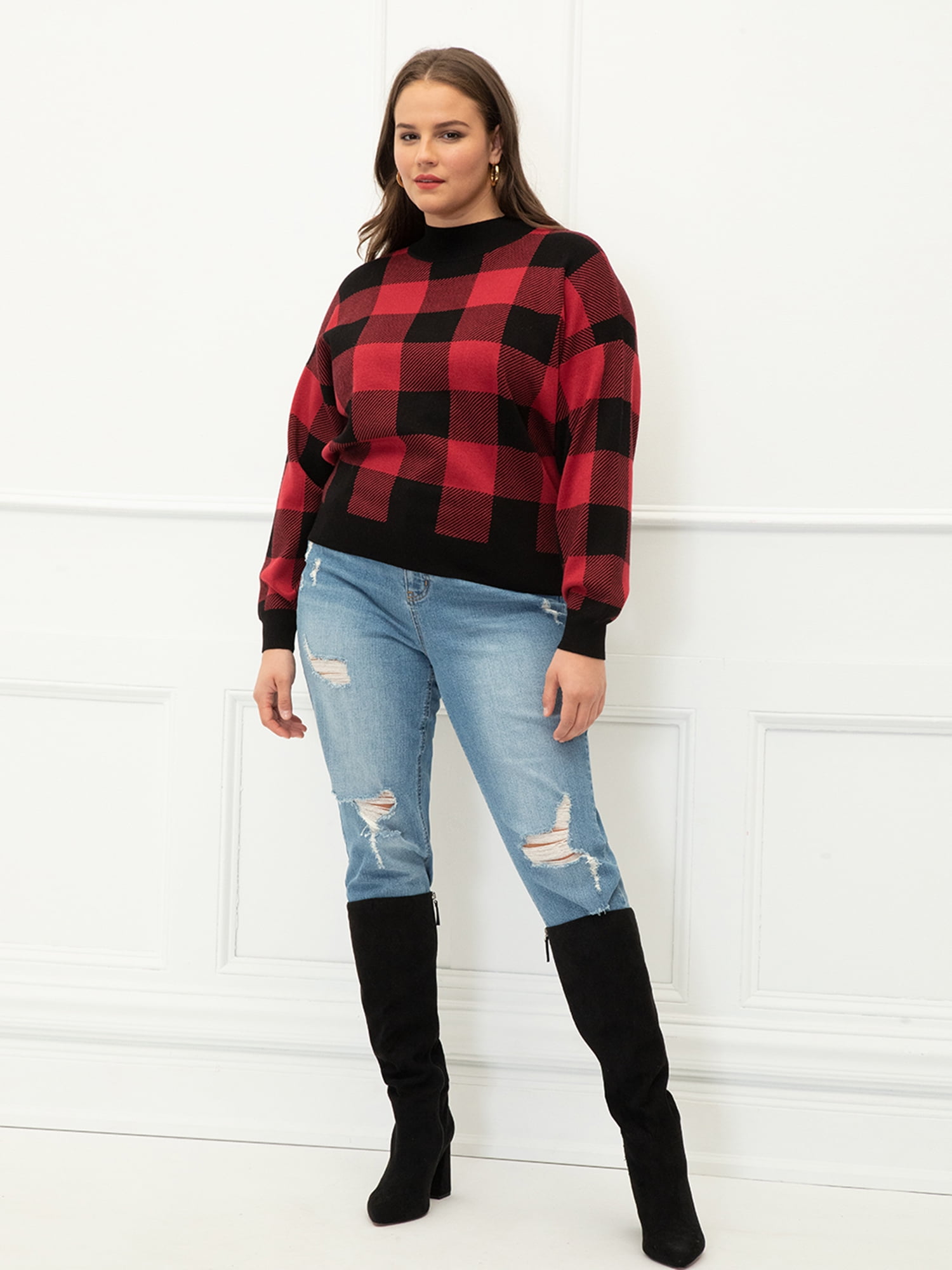 ELOQUII Elements Plus Size Oversized Plaid Intarsia Mock Neck Sweater Walmart