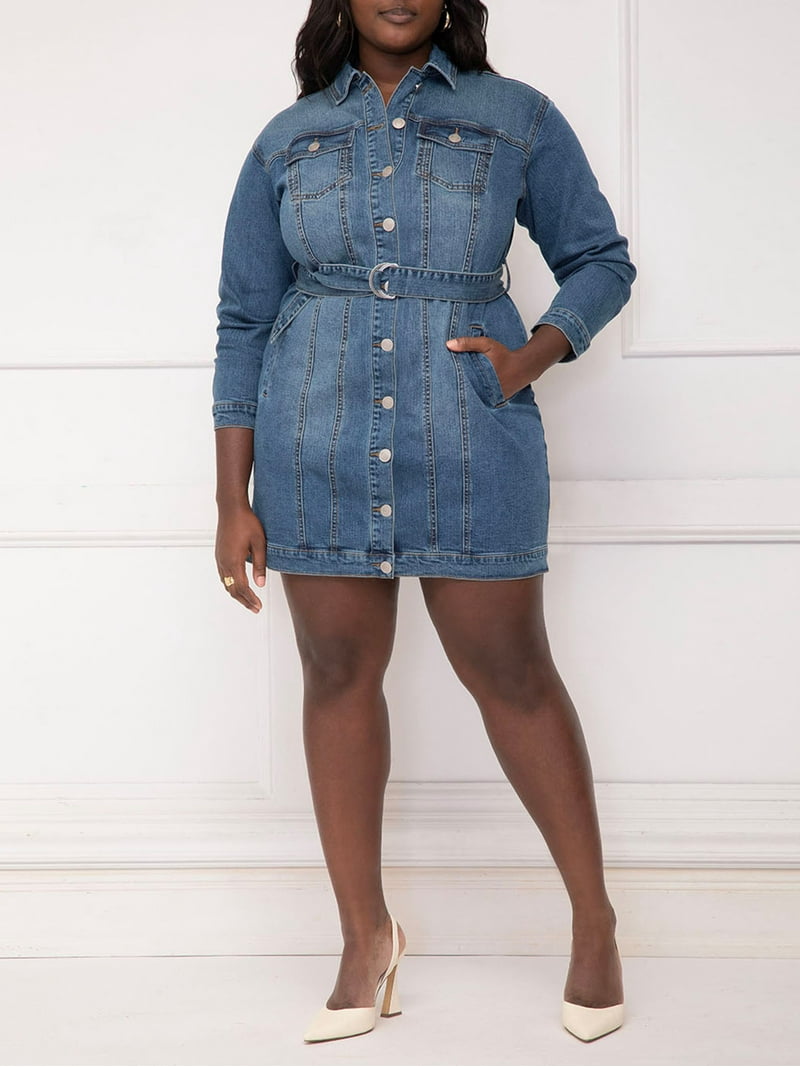 ELOQUII Elements Women's Plus Size Belted Denim Jacket Dress