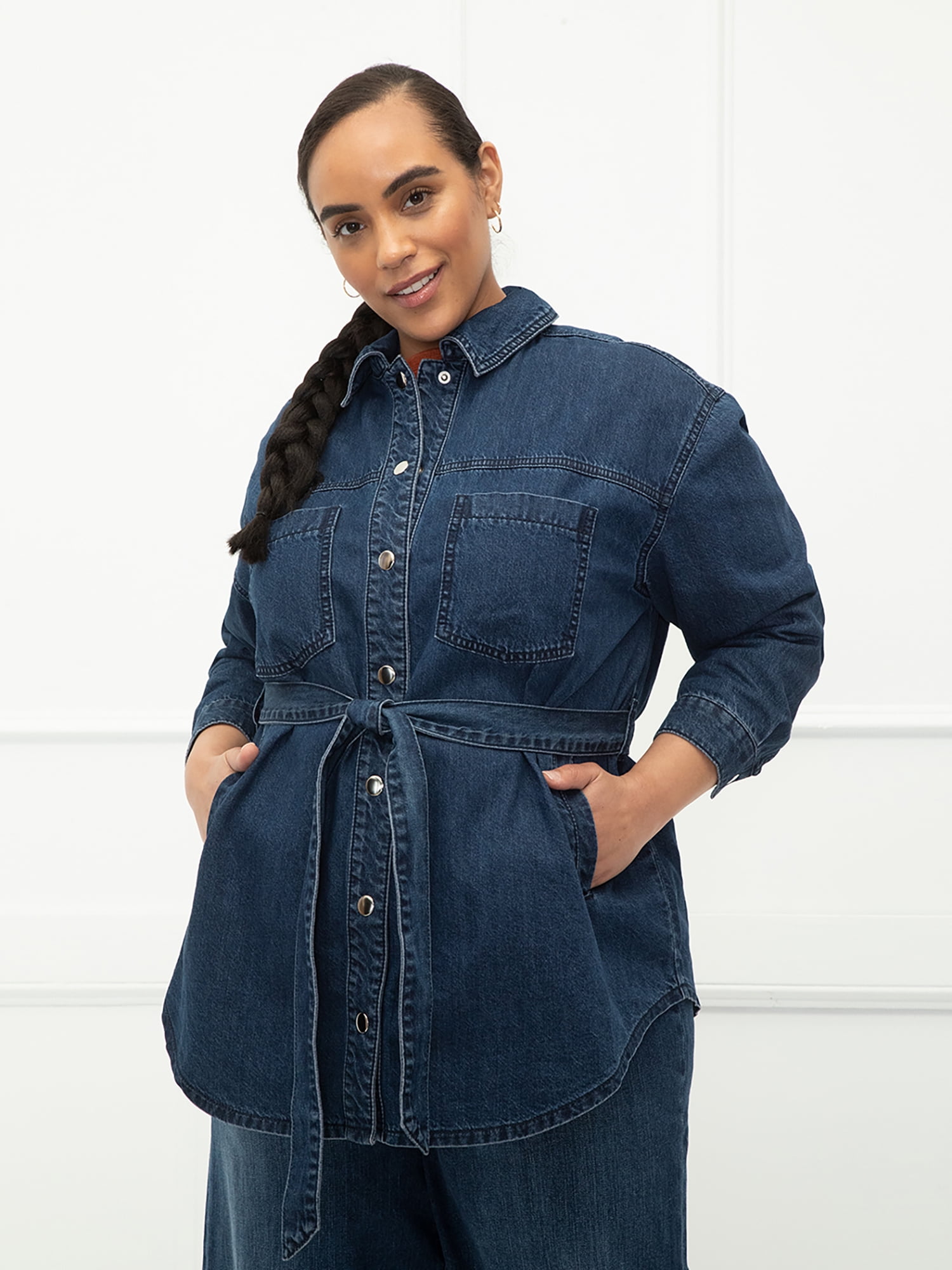 ELOQUII Elements Women's Plus Size Belted Denim Shirt Jacket - Walmart.com