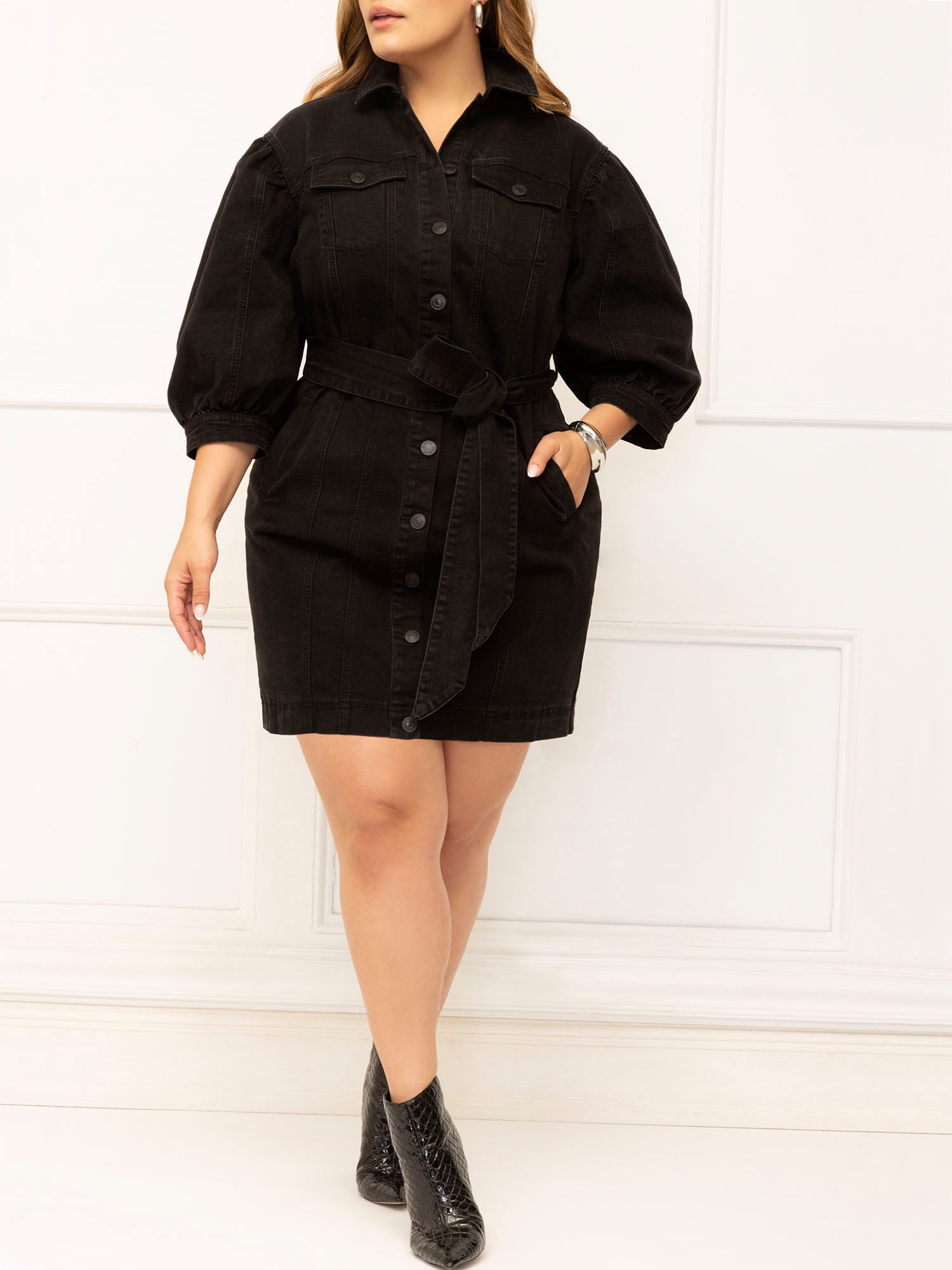 ELOQUII Elements Women's Plus Puff Sleeve Denim Jacket Dress ELOQUII Elements Women's Plus Puff Sleeve Denim Jacket Dress