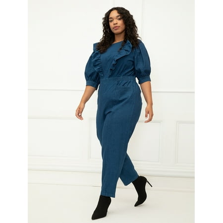 ELOQUII Elements Women's Plus Size Denim Jumpsuit With Ruffles