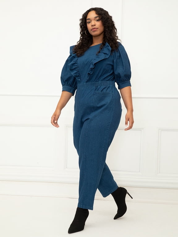 Women's Plus Size Denim Jumpsuit With Ruffles