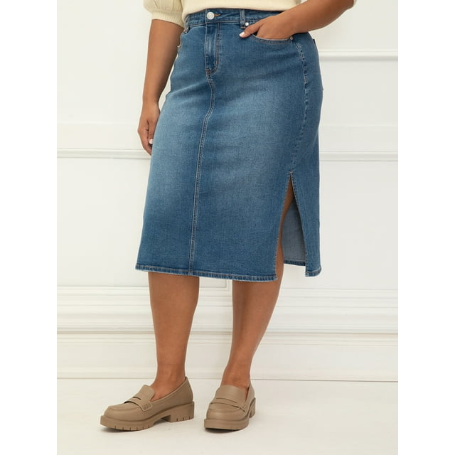 ELOQUII Elements Women's Plus Size Denim Midi Side Slit Skirt - Walmart.com