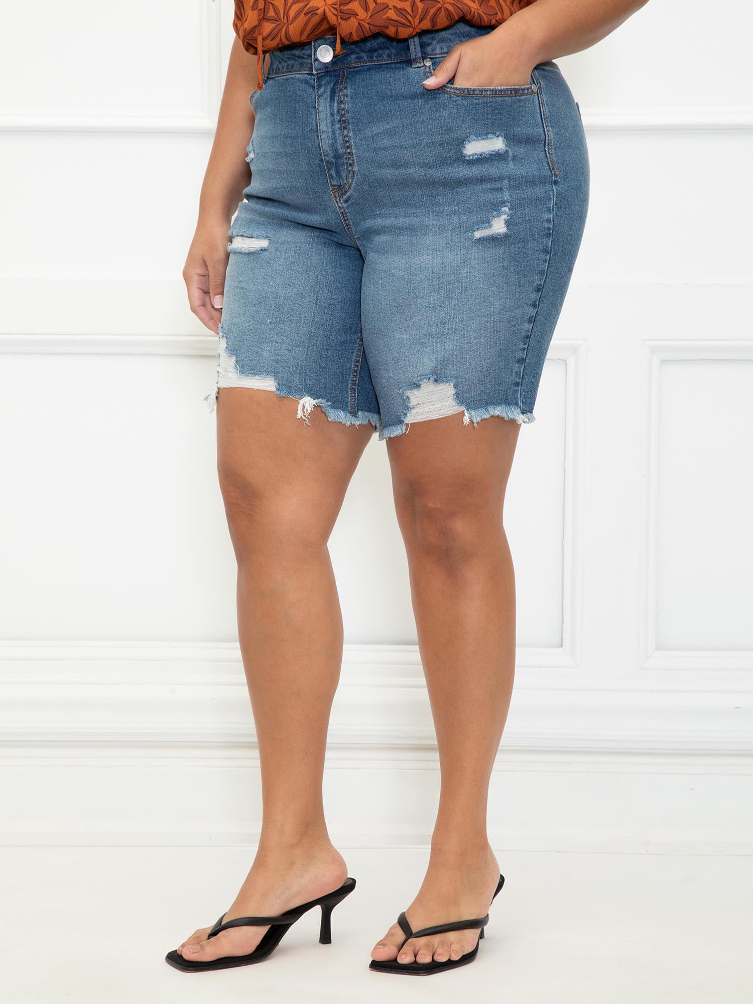 ELOQUII Elements Women's Plus Size Distressed Denim Bermuda Shorts