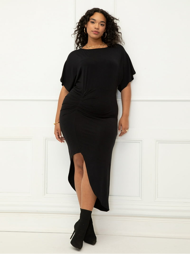 black ruched dress plus size Lynda Embellished V-Neck Mini Dress in black main image 1