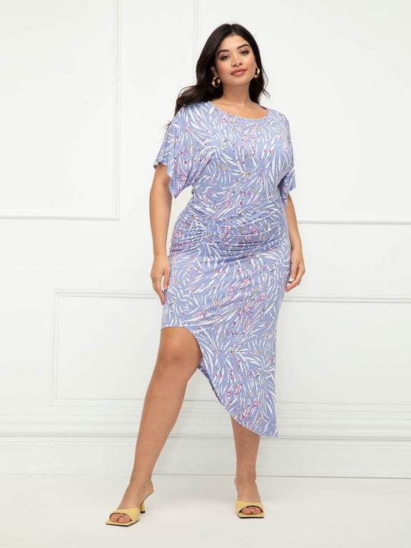 Women's Plus Size Dolman Sleeve Ruched Zebra Print Dress
