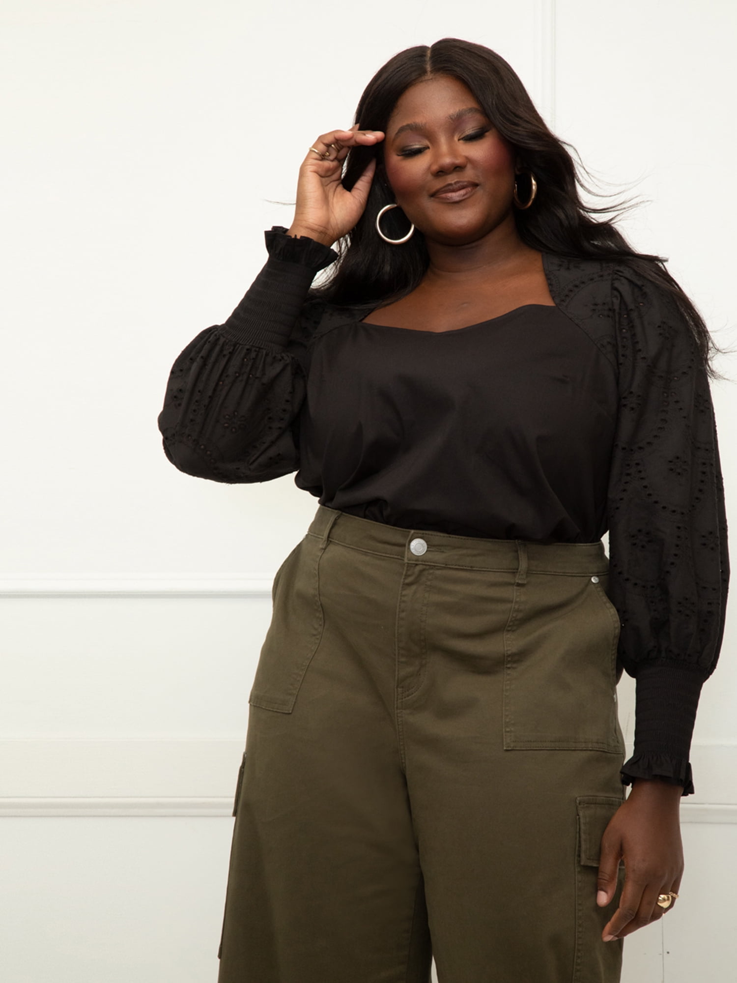 ELOQUII Elements Women s Plus Size Eyelet Puff Sleeve Top