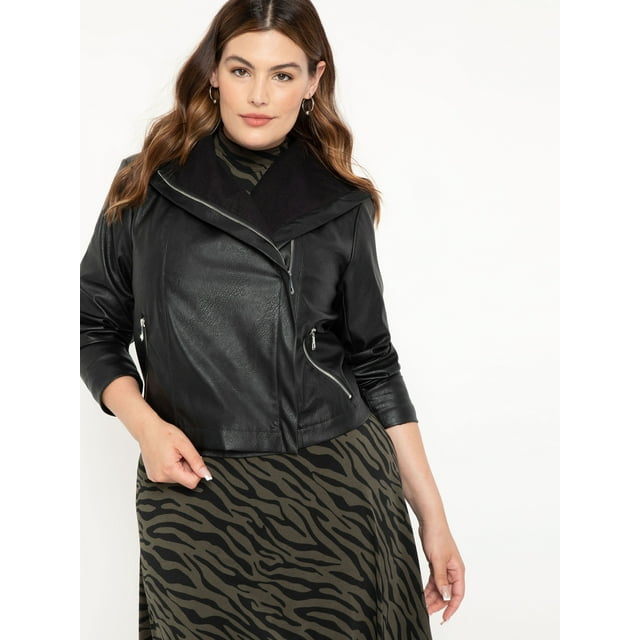 ELOQUII Elements Women's Plus Size Faux Leather Jacket with Shawl ...