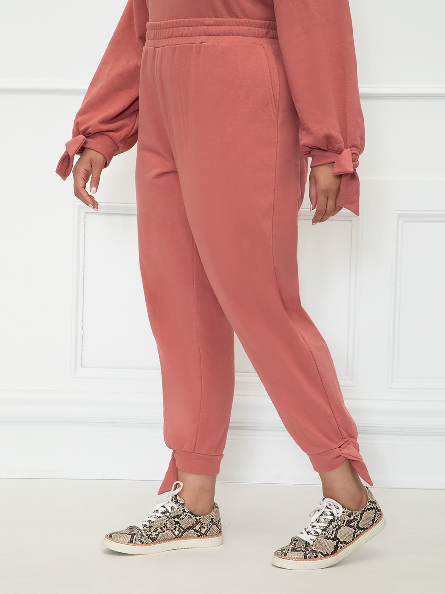 Plus Size French Terry High Waist Joggers - Coral