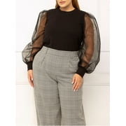ELOQUII Elements Women's Plus Size Knit Top with Tulle Sleeves