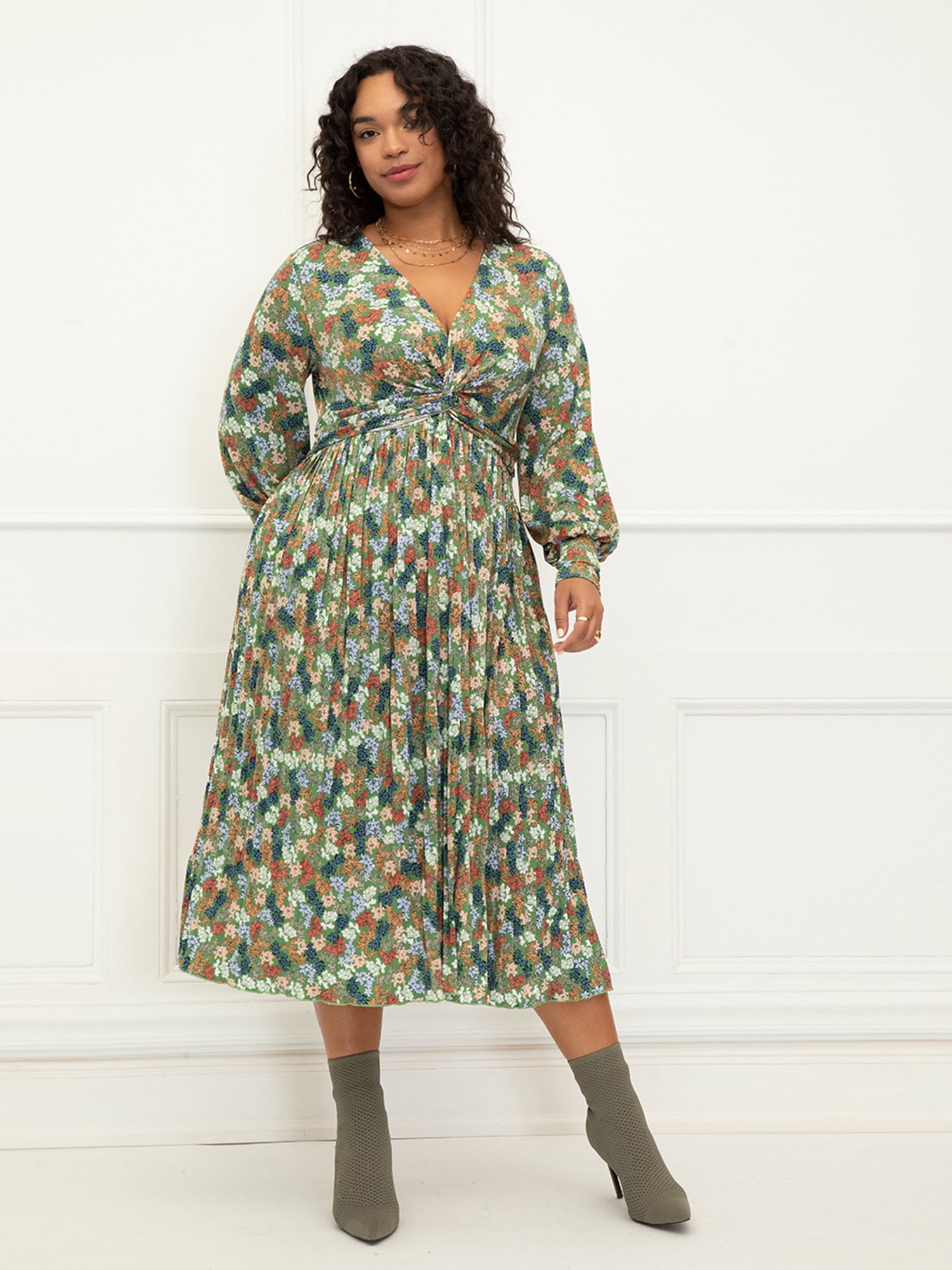 eloquii knot front pleated skirt dress ELOQUII Women's Plus Size Knot Front Pleated Skirt Dress