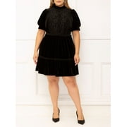 ELOQUII Elements Women's Plus Size Lace Accent Velvet Dress with Puff Sleeves