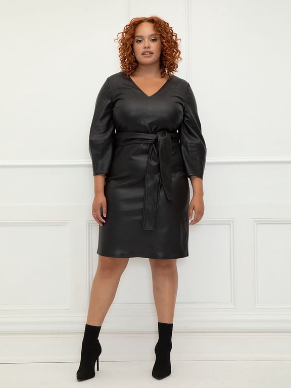 Women's Plus Size Lantern Sleeve Faux Leather Dress
