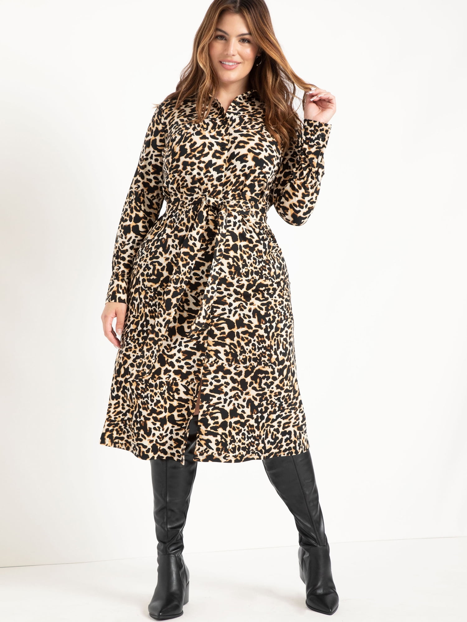 ELOQUII Elements Women's Plus Size Leopard Print Midi Shirtdress