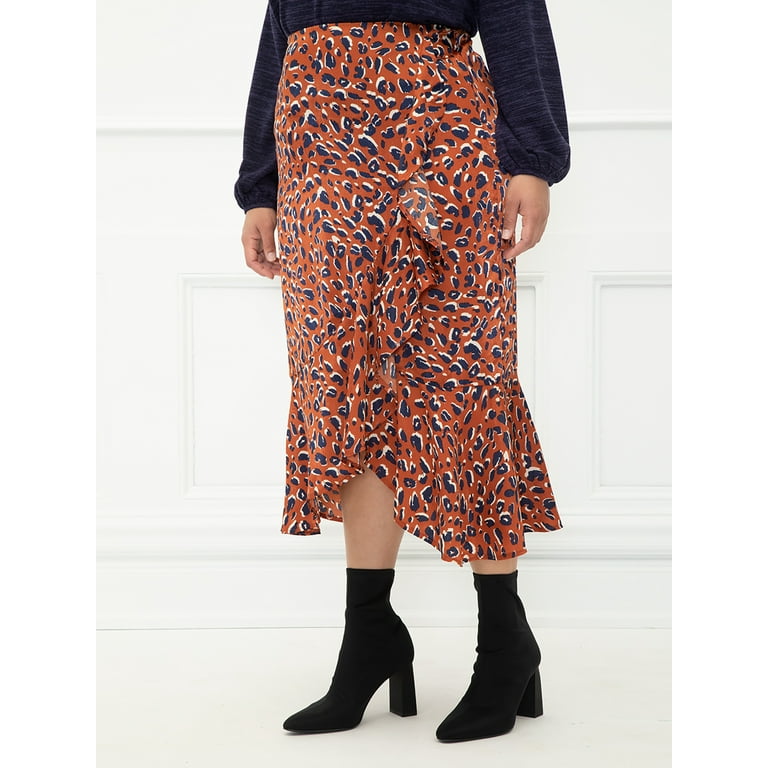 Plus size satin leopard midi cheap skirt