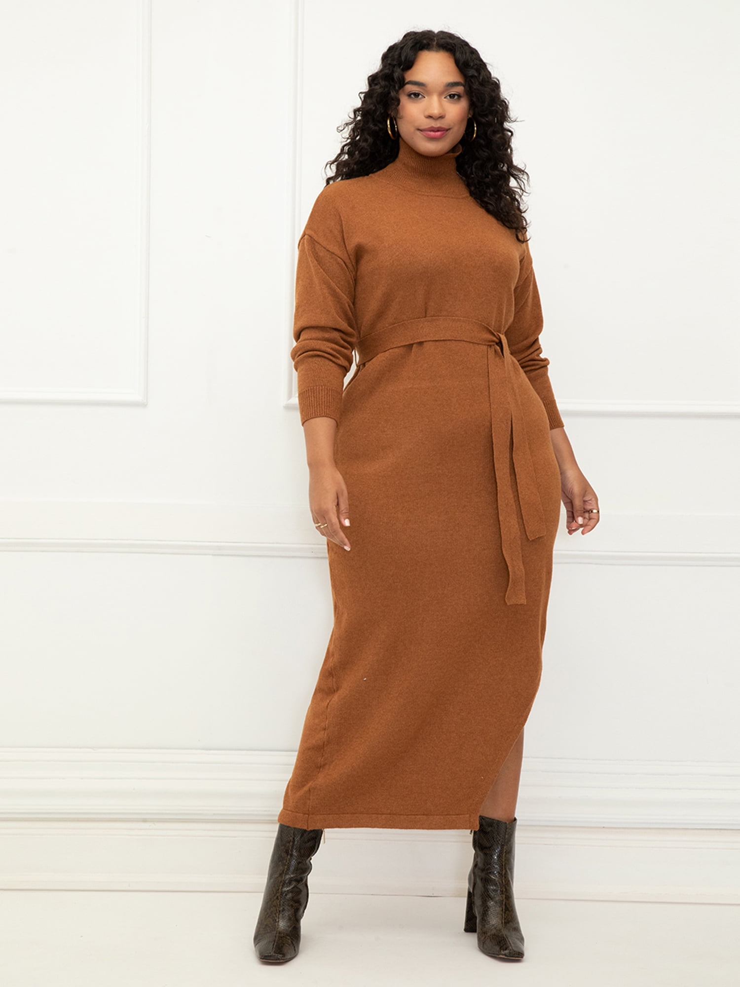 ELOQUII Elements Women's Plus Size Long Funnel Neck Sweater Dress