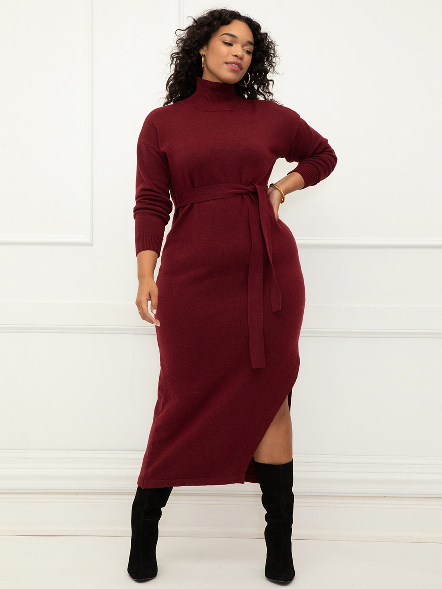 Plus Size Boat Neck Turn-down Ruched Collar Lace Up Textured Patchwork A  Line Sweater Dress [54% OFF]