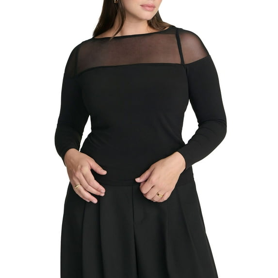 ELOQUII Elements Women's Plus Size Mesh Panel Long Sleeve Top