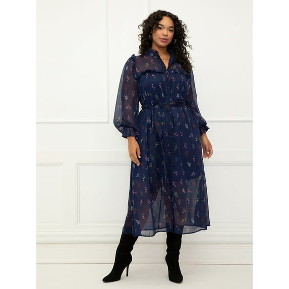 ELOQUII Elements Women's Plus Size Midi Shirtdress With Ruffles