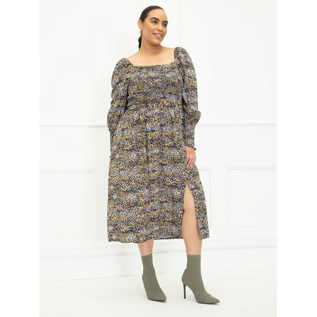 ELOQUII Elements Women's Plus Size Mixed Dot Print Midi Dress with Smocked Bodice