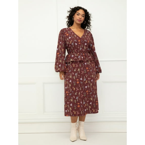 ELOQUII Elements Women's Plus Size Mixed Print Midi Dress With Peplum