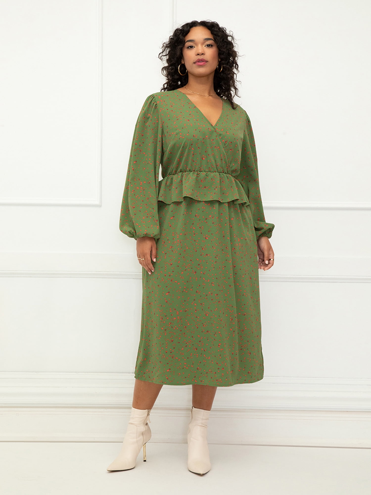eloquii green dress Elements Plus Size Mixed Print Midi _okendo:syndication_key:CL136707059