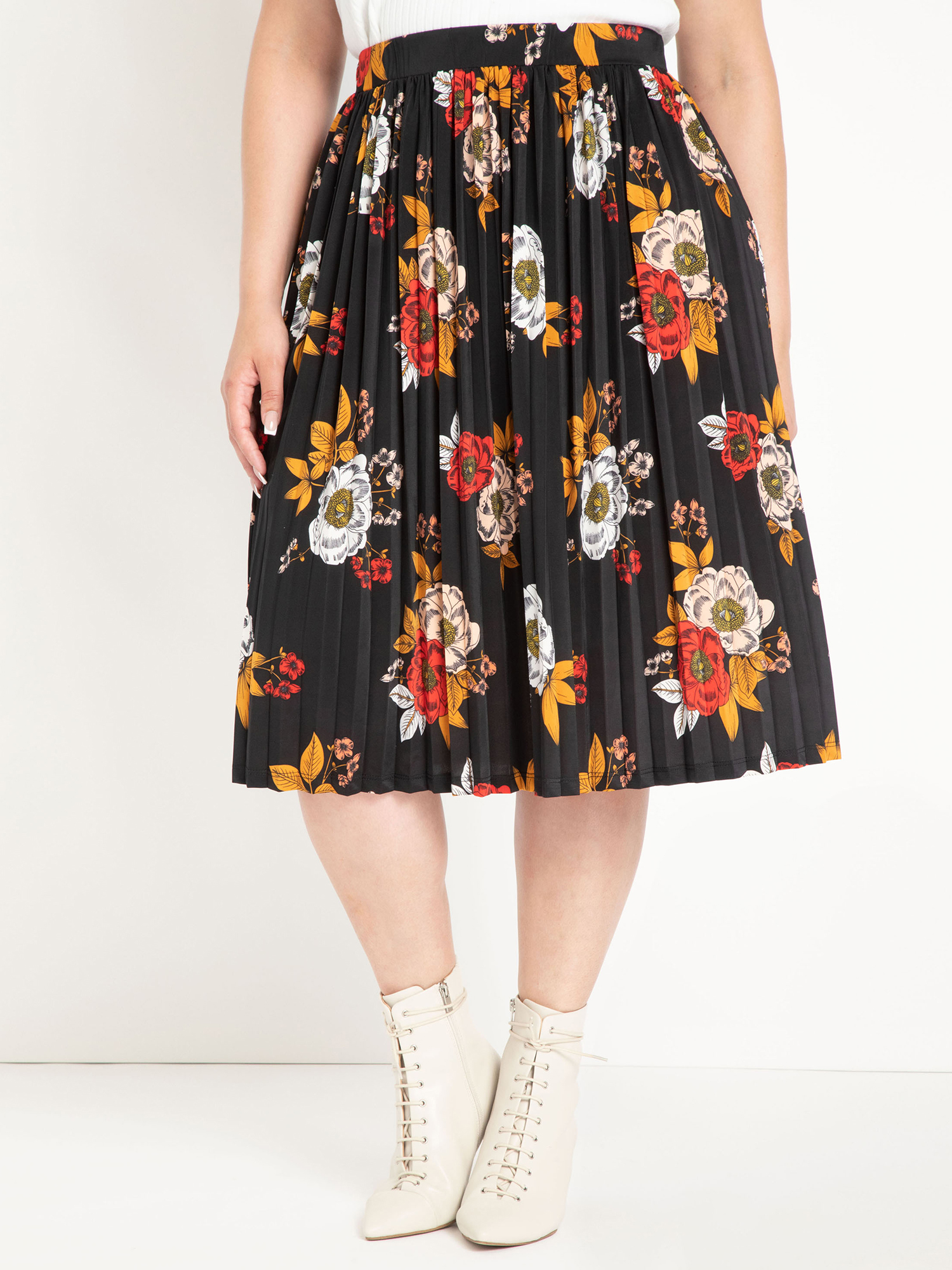 ELOQUII Elements Women's Plus Size Multi Floral Pleated Midi Skirt - image 1 of 3