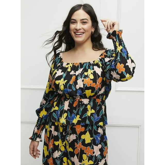 ELOQUII Elements Women's Plus Size Peplum Hem Floral Print Top with Puff Sleeves