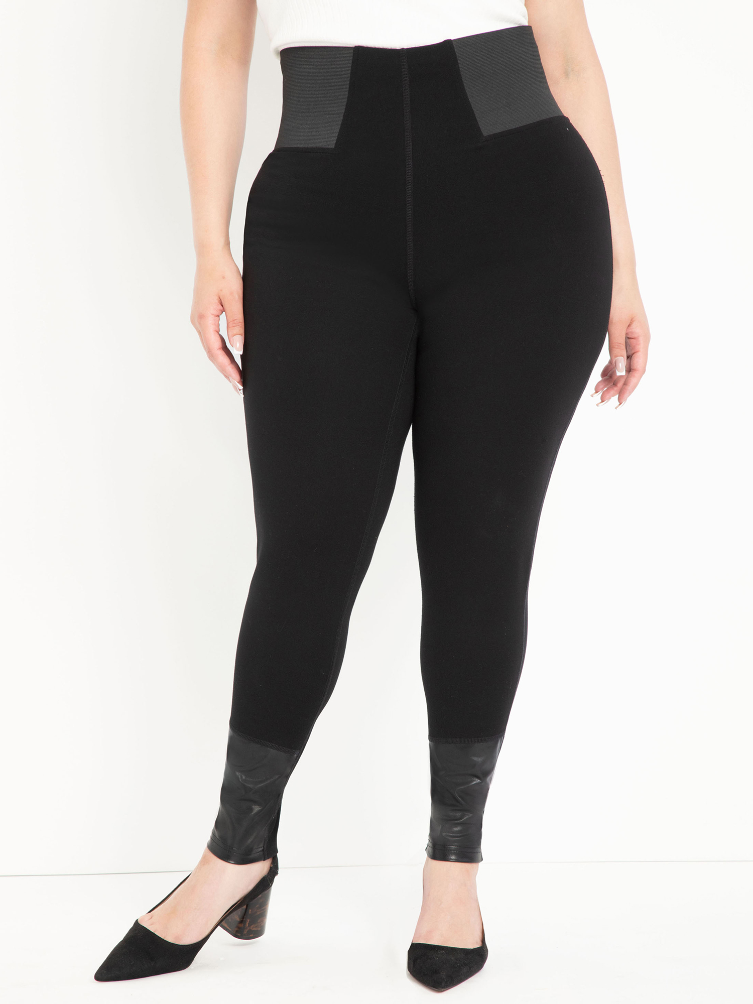 ELOQUII Elements Women's Plus Size Ponte Leggings with Faux Leather Detail - image 1 of 3