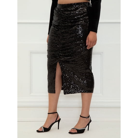 ELOQUII Elements Women's Plus Size Sequin Midi Skirt with Slit