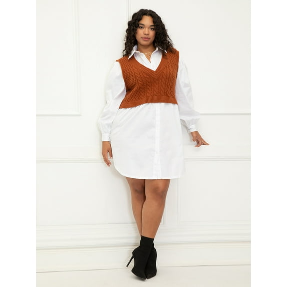 ELOQUII Elements Women's Plus Size Shirt Dress With Sweater Vest