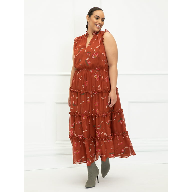 hvis du kan sum Skabelse ELOQUII Elements Women's Plus Size Sleeveless Bohemian Print Ruffle Trim  Dress - Walmart.com