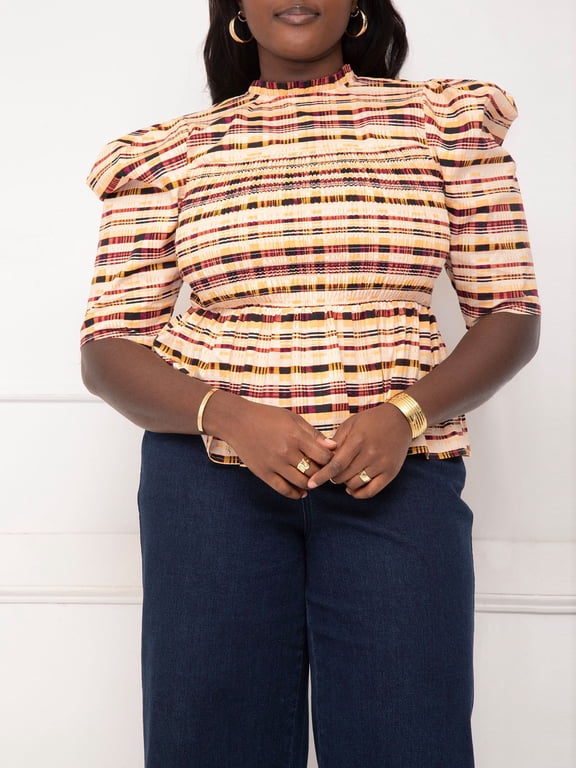 Women's Plus Size Smocked-Bodice Peplum Top