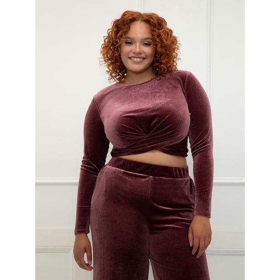 ELOQUII Elements Women's Plus Size Velvet Wide Leg Pants and Wrap Front Crop Top Set, 2-Piece