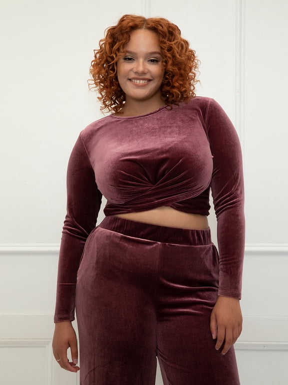 Women's Plus Size Velvet Wide Leg Pants and Wrap Front Crop Top Set, 2-Piece