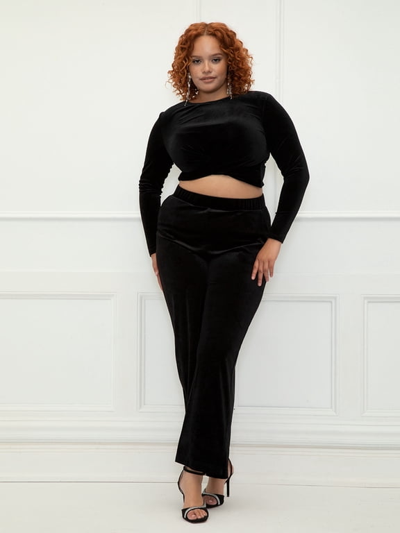 Women's Plus Size Velvet Wide Leg Pants and Wrap Front Crop Top Set, 2-Piece