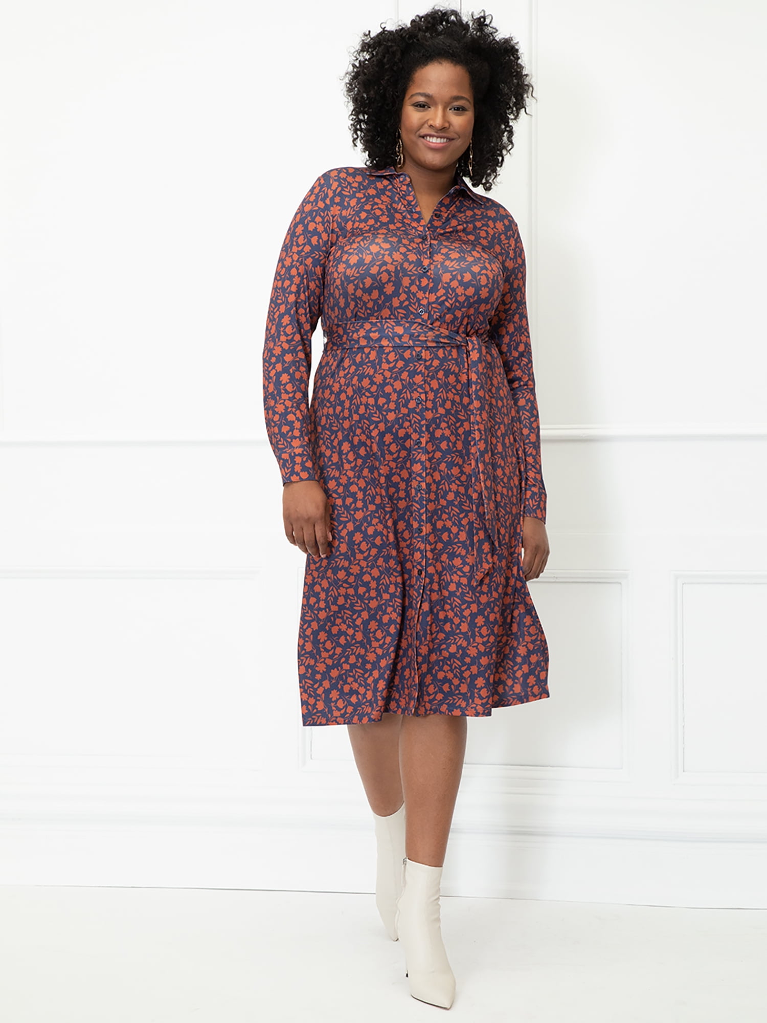 ELOQUII Elements Women s Plus Size Diamond Print Midi Shirt