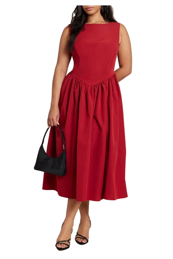 Women's Plus Size Boat Neck Flare Midi Dress
