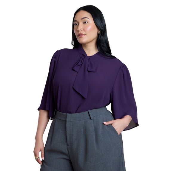 ELOQUII Women's Plus Size Bow Blouse With Flutter Sleeve