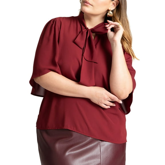ELOQUII Women's Plus Size Bow Blouse With Flutter Sleeve