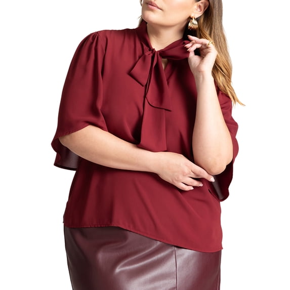 ELOQUII Women's Plus Size Bow Blouse With Flutter Sleeve