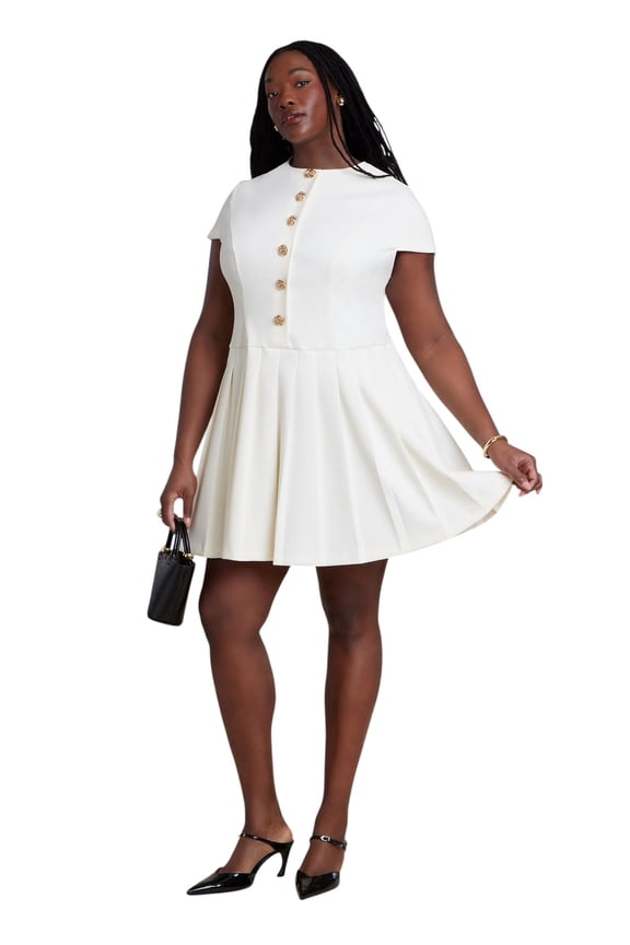 Women's Plus Size Button Detail Pleated Mini Dress