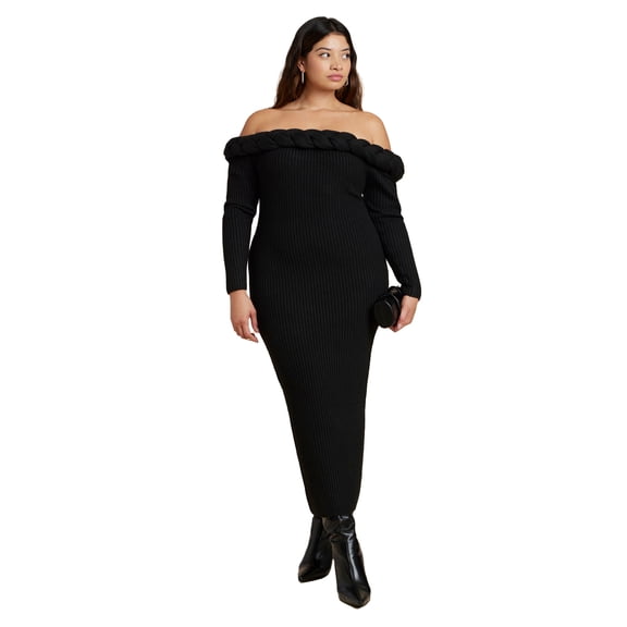 ELOQUII Women's Plus Size Cableknit Off Shoulder Maxi Dress