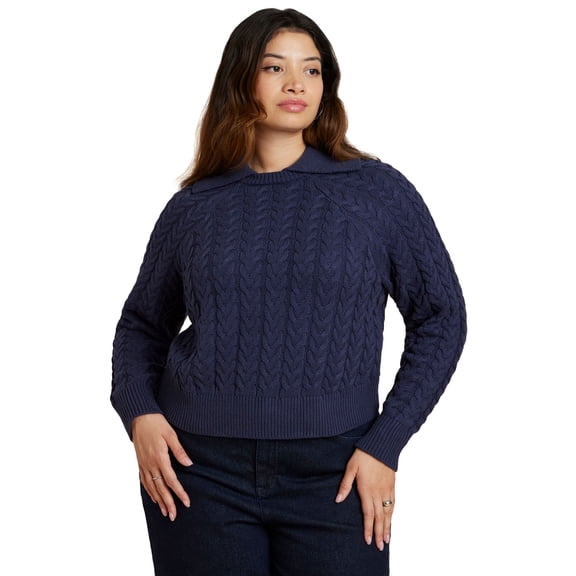 ELOQUII Women's Plus Size Cableknit Sweater With Wide Collar