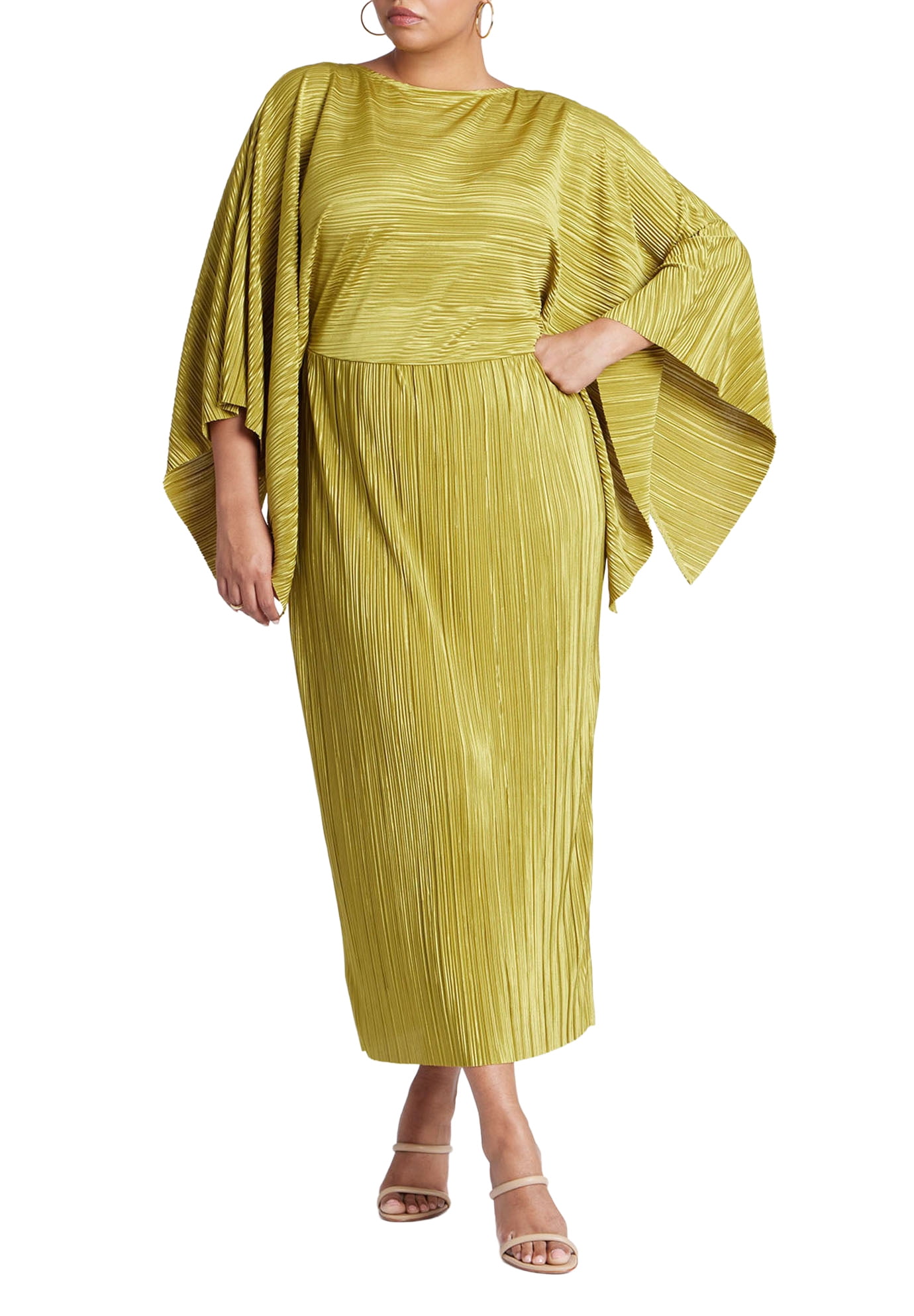 ELOQUII Women's Plus Size Cape Effect Plisse Dress - Moss