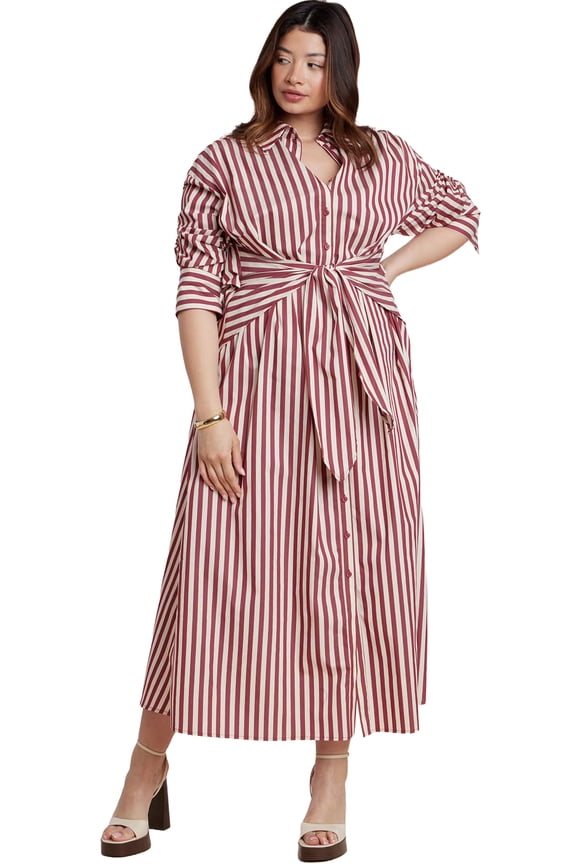Women's Plus Size Cinch Detail Poplin Midi Dress