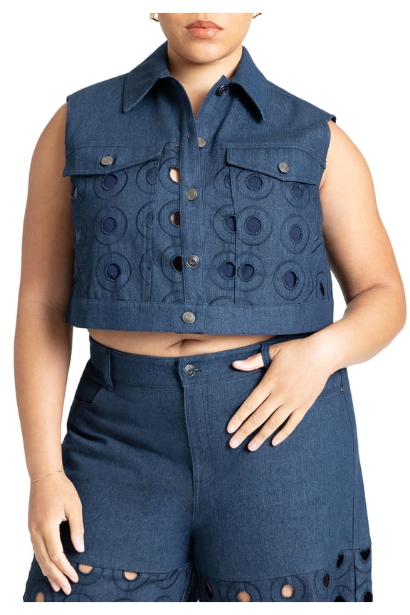 Women's Plus Size Circular Cutout Denim Vest