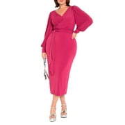 ELOQUII Womens Plus Size Cross-Front Belted Knit Midi Dress